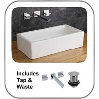 Treviso 49.6cm by 24.5cm Countertop Rectangular Sink With Straight Wall Mounted Quadrato Tap and Waste