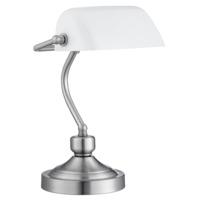Traditionally Designed Satin Silver Bankers Desk Lamp with White Glass Shade