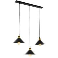 triple industrial matt black pendant light with antique brass lamp hol ...