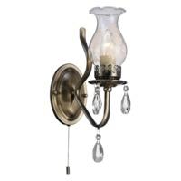 Traditional Antique Brass Wall Light with Pull Switch and Floral Glass Shade