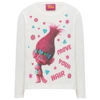 Trolls white long sleeve pull on cotton glitter embellished poppy character print slogan top - White