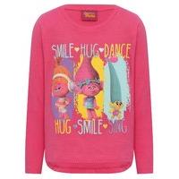 Trolls girls long sleeve pull on character print smile hug dance slogan pure cotton t-shirt - Dark Pink
