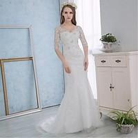 Trumpet / Mermaid Wedding Dress Sparkle Shine Court Train V-neck Lace Satin with Lace Appliques Crystal