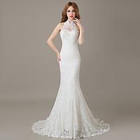 Trumpet / Mermaid Wedding Dress Floral Lace Court Train Halter Lace with Lace Appliques Beading Crystal