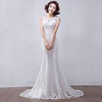 Trumpet / Mermaid Wedding Dress Floral Lace Court Train Jewel Tulle with Appliques Beading