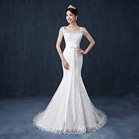 Trumpet / Mermaid Wedding Dress Floral Lace Court Train Off-the-shoulder Lace Satin Tulle with Ruffle