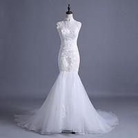 Trumpet / Mermaid Wedding Dress See-Through Court Train High Neck Lace Tulle with Appliques Beading