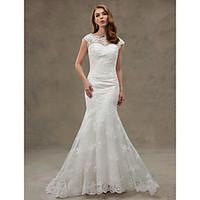 Trumpet / Mermaid Wedding Dress Beautiful Back Court Train Scoop Lace Tulle with Appliques Lace