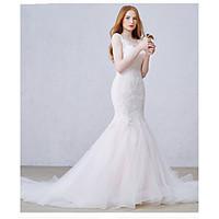 Trumpet / Mermaid Wedding Dress See-Through Court Train Scoop Tulle with Appliques Beading Pearl