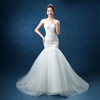 Trumpet / Mermaid Wedding Dress See-Through Sweep / Brush Train Straps Lace Tulle with Bow Lace Pearl