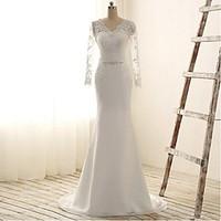 Trumpet / Mermaid Wedding Dress See-Through Court Train V-neck Chiffon Lace with Sequin Appliques Beading Lace Sash / Ribbon