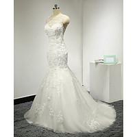 Trumpet / Mermaid Wedding Dress Beautiful Back Sweep / Brush Train Scoop Tulle with Appliques