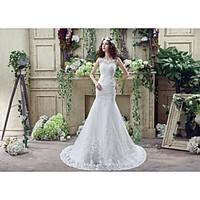 Trumpet / Mermaid Wedding Dress Floral Lace Court Train Off-the-shoulder Crepe Lace Tulle with Crystal Lace Pattern Ruffle