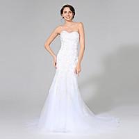 Trumpet / Mermaid Wedding Dress Sparkle Shine Sweep / Brush Train Sweetheart Tulle with Appliques Beading Crystal