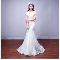 Trumpet / Mermaid Wedding Dress Lacy Look Floor-length Off-the-shoulder Tulle with Appliques Beading