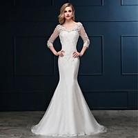 Trumpet / Mermaid Wedding Dress - Elegant Luxurious Lacy Look Sweep / Brush Train V-neck Lace Tulle with Appliques Beading