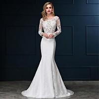 Trumpet / Mermaid Wedding Dress See-Through Sweep / Brush Train Scoop Lace Satin with Appliques