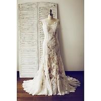 Trumpet / Mermaid Wedding Dress Beautiful Back Court Train V-neck Lace Satin with Button Lace Sash / Ribbon