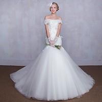 Trumpet / Mermaid Wedding Dress Vintage Inspired Court Train Off-the-shoulder Tulle with Appliques Lace