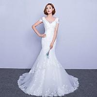 Trumpet / Mermaid Wedding Dress Sweep / Brush Train V-neck Tulle with Lace