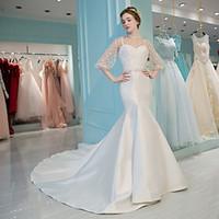 Trumpet / Mermaid Wedding Dress - Classic Timeless Chic Modern See-Through Beautiful Back Court Train High Neck Lace Satin Tulle with