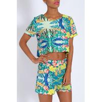 tropical print short sleeve crop top