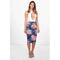 Tropical Floral Midi Skirt - royal