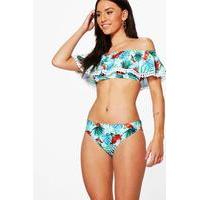 tropical frill bardot bikini green