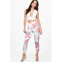 Tropical Floral Stretch Skinny Trousers - ivory