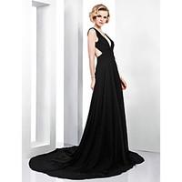 TS Couture Formal Evening Dress - Beautiful Back A-line V-neck Court Train Chiffon with Side Draping