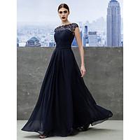 TS Couture Formal Evening Black Tie Gala Dress - Elegant A-line Bateau Floor-length Georgette with Draping Lace