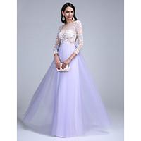 TS Couture Prom Formal Evening Dress - See Through A-line Bateau Floor-length Tulle with Pattern / Print Sash / Ribbon