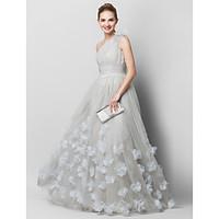 TS Couture Prom Formal Evening Dress - Floral A-line One Shoulder Sweep / Brush Train Tulle with Flower(s) Criss Cross