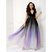 TS Couture Formal Evening Dress - Color Gradient Plus Size / Petite Sheath / Column V-neck Floor-length Chiffon withSash / Ribbon / Side Draping