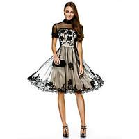 TS Couture Cocktail Party Prom Company Party Dress - Little Black Dress A-line High Neck Knee-length Tulle with Appliques Lace