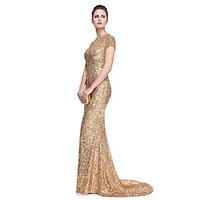 TS Couture Prom Formal Evening Dress - Elegant Celebrity Style Trumpet / Mermaid Jewel Sweep / Brush Train Sequined with Sequins