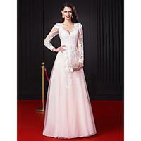 TS Couture Prom Formal Evening Dress - Celebrity Style A-line V-neck Floor-length Chiffon Tulle with Appliques Lace