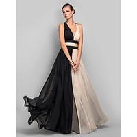 TS Couture Formal Evening Military Ball Dress - Vintage Inspired Beautiful Back Color Block A-line Princess V-neck Floor-length Chiffon