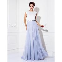 TS Couture Prom Formal Evening Dress - Color Block A-line Jewel Sweep / Brush Train Tulle Charmeuse with Buttons