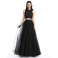 TS Couture Prom Formal Evening Dress - Two Pieces A-line Jewel Floor-length Lace Tulle with Pleats