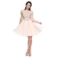 TS Couture Cocktail Party Prom Dress - See Through A-line Bateau Knee-length Tulle with Appliques Bow(s) Flower(s) Sash / Ribbon