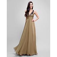 TS Couture Formal Evening Dress - Color Block A-line Jewel Floor-length Chiffon Satin with Sash / Ribbon Sequins Side Draping