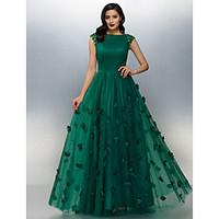 TS Couture Formal Evening Dress Plus Size / Petite A-line Bateau Floor-length Tulle with Beading / Flower(s) / Side Draping / Ruching