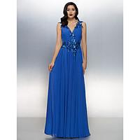 TS Couture Dress - Open Back A-line V-neck Floor-length Chiffon with Criss Cross Sequins