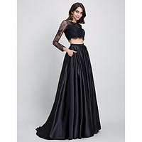 TS Couture Prom Formal Evening Dress - Two Pieces A-line Bateau Sweep / Brush Train Lace Satin with Lace