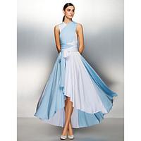TS Couture Prom Formal Evening Dress - Color Block A-line V-neck Asymmetrical Jersey with Pleats Criss Cross