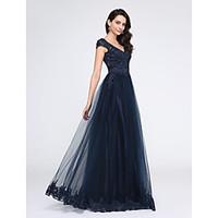 TS Couture Prom Formal Evening Dress - See Through A-line V-neck Floor-length Tulle with Appliques Beading