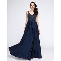 TS Couture Formal Evening Dress - Open Back A-line V-neck Floor-length Tulle Jersey with Appliques