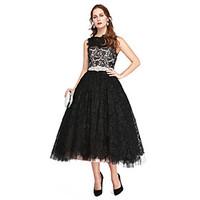 TS Couture Prom Formal Evening Dress - Elegant A-line Bateau Tea-length Lace Tulle with Beading Lace Pleats