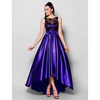 TS Couture Formal Evening Dress Plus Size / Petite A-line Bateau Asymmetrical Stretch Satin with Beading / Bow(s) / Lace / Sash / Ribbon